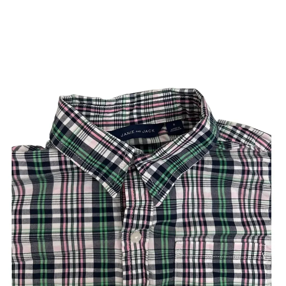 Janie and Jack White Green Plaid Casual Button Down Dress Shirt Size Youth 8